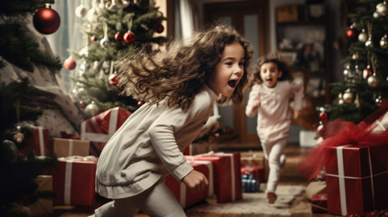 Fototapeta na wymiar Excitation Matinale de Noël : Enfants Courant vers leurs Cadeaux