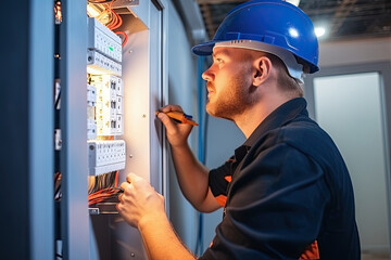 A skilled electrician or technician in a high-risk industrial setting, focused on maintaining and repairing electrical systems. - obrazy, fototapety, plakaty