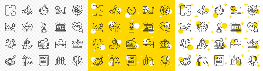 Outline Ranking, Time management and Chemistry beaker line icons pack for web with Fake news, Ranking stars, Online question line icon. Stress, Genders, Jobless pictogram icon. Vector