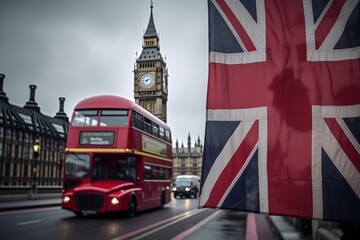 Great Britain flag with London in the background. Red Bus and Big Ben. Independence Day