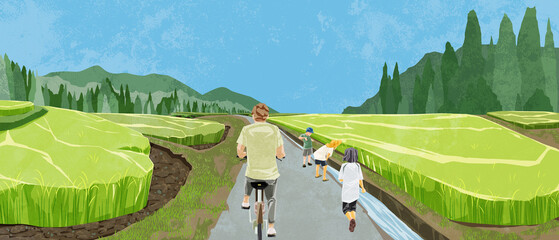 日本の夏の水田原風景手描き水彩風イラスト