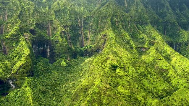 Aerial Kauai Island cliffs waterfalls Wilderness Pacific ocean 