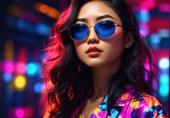 High fashion studio portrait of woman with sunglasses, beautiful makeup, bright neon colors