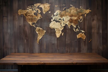 open, boundary-free world map on an old wooden desk