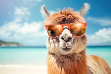 Foto auf Alu-Dibond cute alpaca with sunglasses on beach background © krissikunterbunt