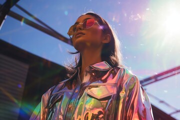 Obraz premium Caucasian Woman With Metallic Clothing At Sunset Futuristic Scene