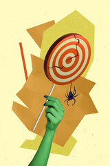 Collage pop retro sketch image of halloween zombie arm holding target darts treat isolated painting background