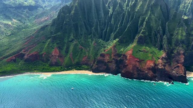 Aerial Na Pali coast State Wilderness Park Kauai 