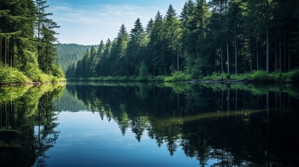 Fototapeta na wymiar A tranquil lake, nestled within a dense forest's embrace, captures the heart of nature's beauty. The gentle ripples on the water's surface contrast the surrounding trees' stillness