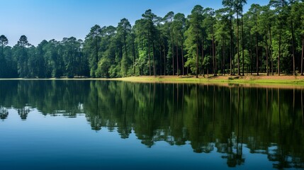 Fototapeta na wymiar A tranquil lake, nestled within a dense forest's embrace, captures the heart of nature's beauty. The gentle ripples on the water's surface contrast the surrounding trees' stillness