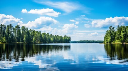 Fototapeta premium A tranquil lake, nestled within a dense forest's embrace, captures the heart of nature's beauty. The gentle ripples on the water's surface contrast the surrounding trees' stillness