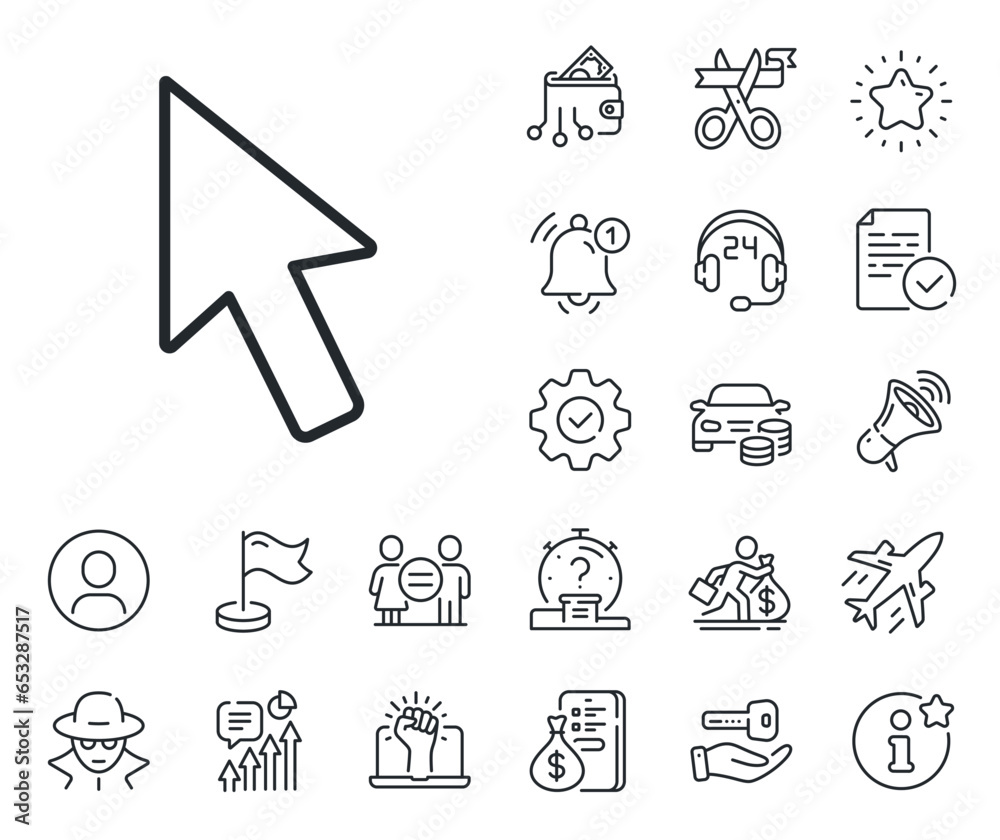 Poster click action sign. salaryman, gender equality and alert bell outline icons. mouse cursor line icon. 