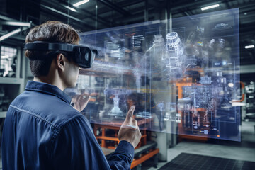 smart technology futuristic in industry 4.0 concept, engineer use augmented mixed virtual reality to education and training, repairs and maintenance, sales, product and site design, and more - obrazy, fototapety, plakaty