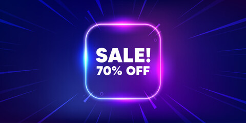 Sale 70 percent off discount. Neon light frame box banner. Promotion price offer sign. Retail badge symbol. Sale neon light frame message. Vector