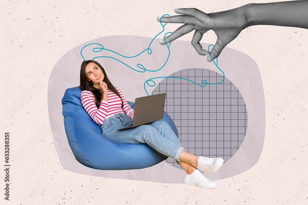 Poster composite creative photo collage of hand control thoughts of minded dreamy woman sit with laptop thi