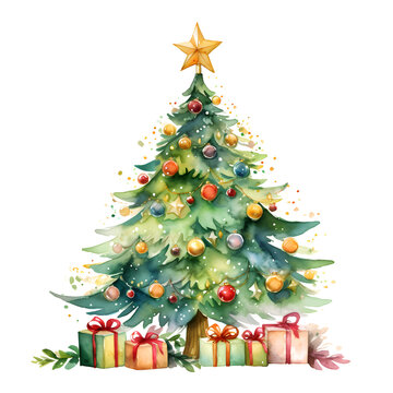 Christmas tree watercolor. cartoon illustration. Decorative Christmas ornament
