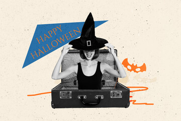 Artwork collage of mini black white colors mystic sorcerer girl inside opened valise happy...