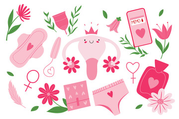 Set with menstruation illustrations, uterus, tampon, pads. Isolated vector illustration in pink colors