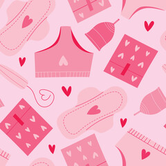 Sanitary pad, tampon and menstrual cup in pink flat design, vector seamless pattern - obrazy, fototapety, plakaty
