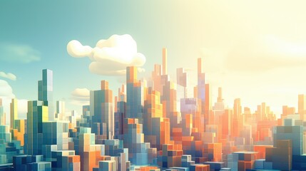 pixel voxel city landscape illustration background design, 3d render, modern futuristic pixel voxel city landscape - obrazy, fototapety, plakaty