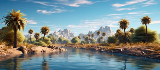 palm trees and a lake as an oasis in desert sand - Powered by Adobe
