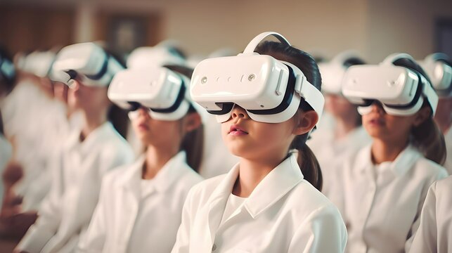Group of students exploring virtual reality in classroom, the role of technology in modern education