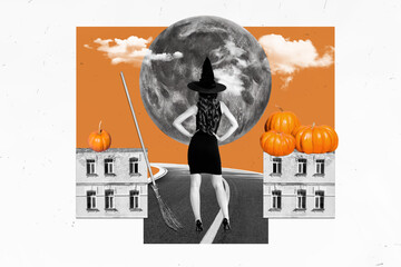 Composite creative illustration photo collage of serious witch hold hand on waist look at full moon...