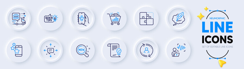 Education idea, Music app and Best app line icons for web app. Pack of Seo shopping, Puzzle, User info pictogram icons. Food delivery, Voice wave, Sms signs. New products. Neumorphic buttons. Vector