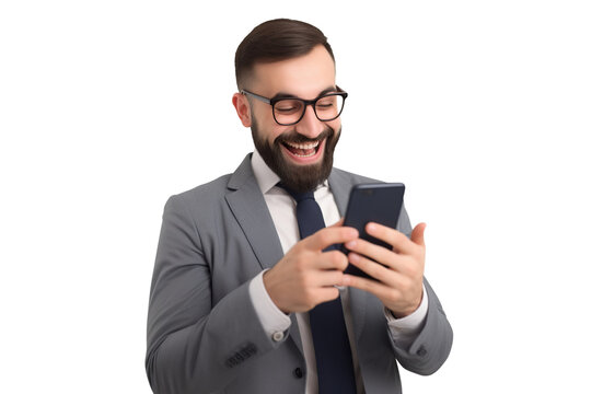 Businessman happy with good news on his smartphone, cut out