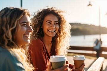 Joyful best friends young women sitting together on a bench near the seashore, enjoying the views of the sea, with paper cups of coffee