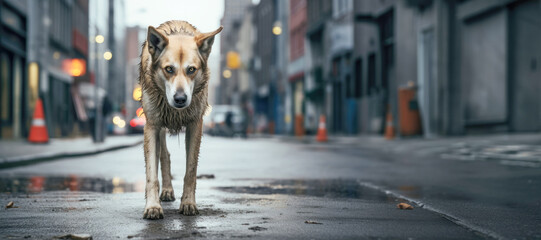 A heartwarming portrait of a sad and lonely stray dog, with soulful brown eyes, longing for care and companionship on the streets. - obrazy, fototapety, plakaty