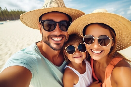 Happy family spend good time on the beach together taking selfie
