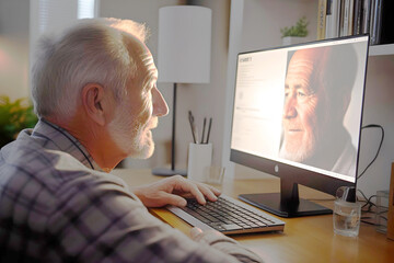 An elderly man sits in the living room at home and studies on the Internet, close-up, Aging Gracefully, Lifelong Learning, Older employees