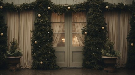 Generative AI, House front in the winter with Christmas decoration, wreath and garland. Snow cosy season	