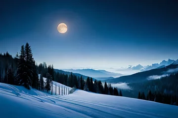 Photo sur Aluminium Matin avec brouillard winter mountain landscape with moon