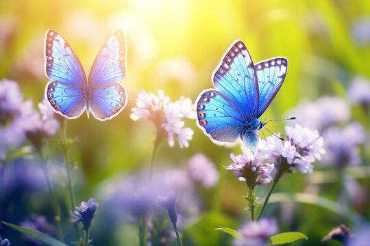 Beautiful summer or spring meadow with blue flowers of forget-me-nots and two flying butterflies. Wild nature landscape