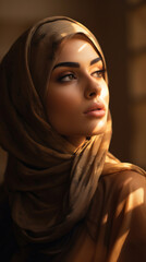 Portrait of Stunning Young Turkey Woman with Black Hair Captured in Golden Hour and Natural Light, High-Quality Beauty Photography