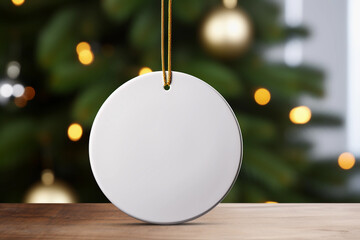 A white round ceramic Christmas ornament. Festive decoration for mockup. Blurred green tree in the background. - obrazy, fototapety, plakaty