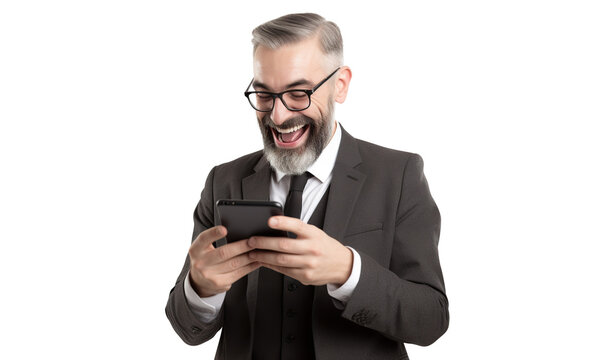 Businessman happy with good news on his smartphone, cut out