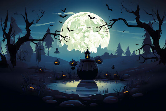 Halloween vector background showcasing a witch's cauldron bubbling