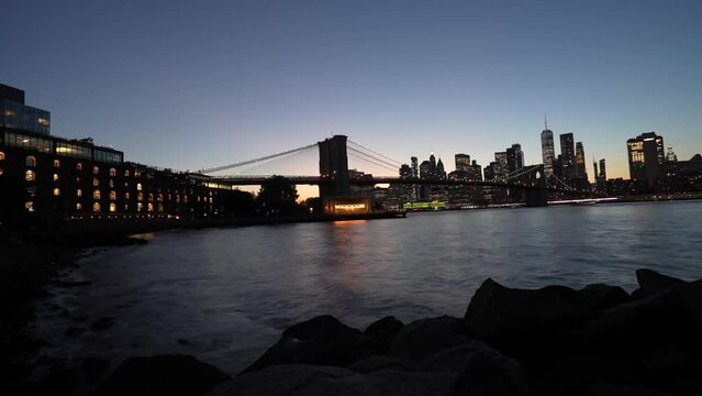 city bridge at night. Timelapse with Manhattan bridge