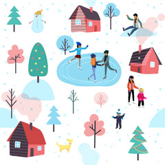 Ice rink with different people on background of village. Winter holiday scene with chilren, men and women in ice rink park, seamless pattern. Snow landscape scene. Active characters ice skating