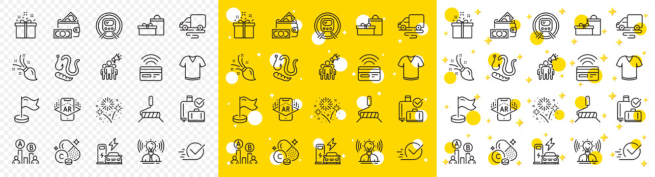 Outline Delivery route, Milestone and Fireworks line icons pack for web with Vitamin c, Augmented reality, Worms line icon. Special offer, Gifts, T-shirt pictogram icon. Vector