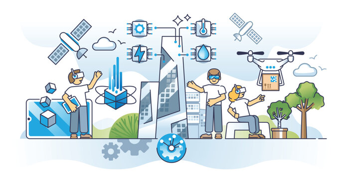 Next gen cities with new modern generation urban scene outline concept. Futuristic technology for innovative city with IOT connectivity vector illustration. AR vision system for smart communication.