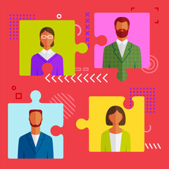 People flat icons, jigsaw puzzle portrait. Set of avatars of different characters, man and woman, team building, face icons to represent person in video game, internet forum, dating app account