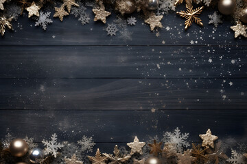 Christmas ornaments on wooden background with copy space for text, Invitation card template,