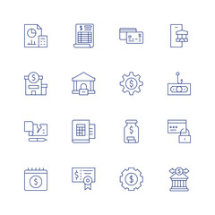 Banking line icon set on transparent background with editable stroke. Containing accountant, bank, bank check, book, calendar, cheque, credit card, gear, jar, money management, online banking.