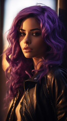 Portrait of Stunning Young Turkey Woman with Pink-Purple Hair Captured in Golden Hour and Natural Light, High-Quality Beauty Photography