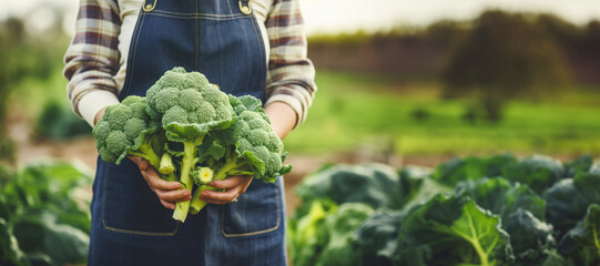 A farmer proudly displays a bunch of vibrant green broccoli, showcasing its organic and wholesome...