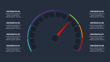 Speedometer infographic with 8 elements, presentations, vector illustration. Template for web on a black background.